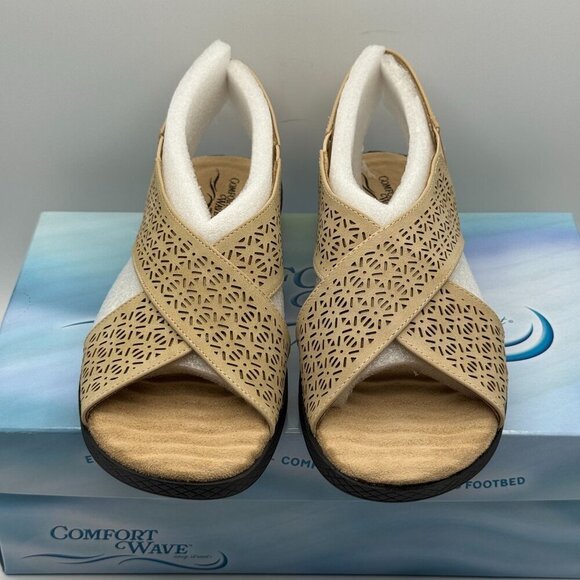 Comfort Wave Womens Claudia Sand Tan Espadrille Strap Sandals Laser Cut 7.5 WW - Picture 2 of 8
